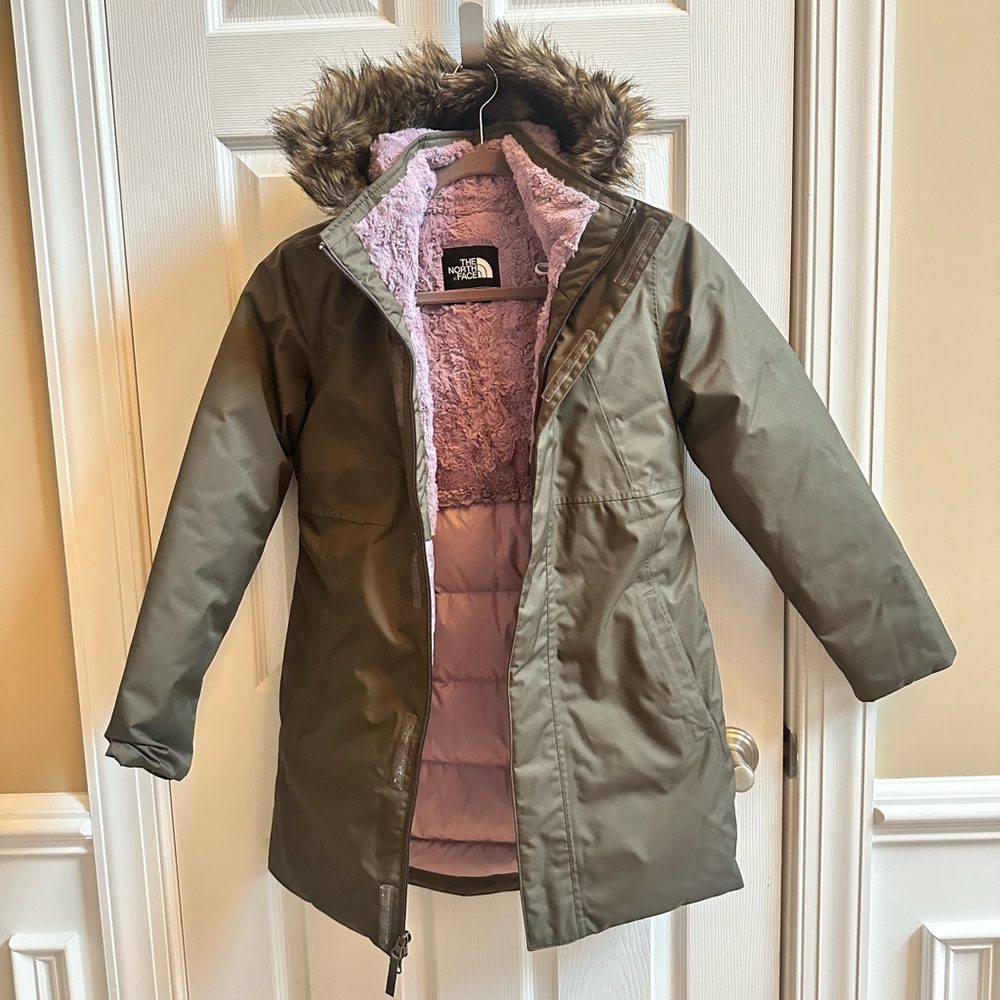 The North Face Kids' Green Puffer Coat with Faux Fur Hood